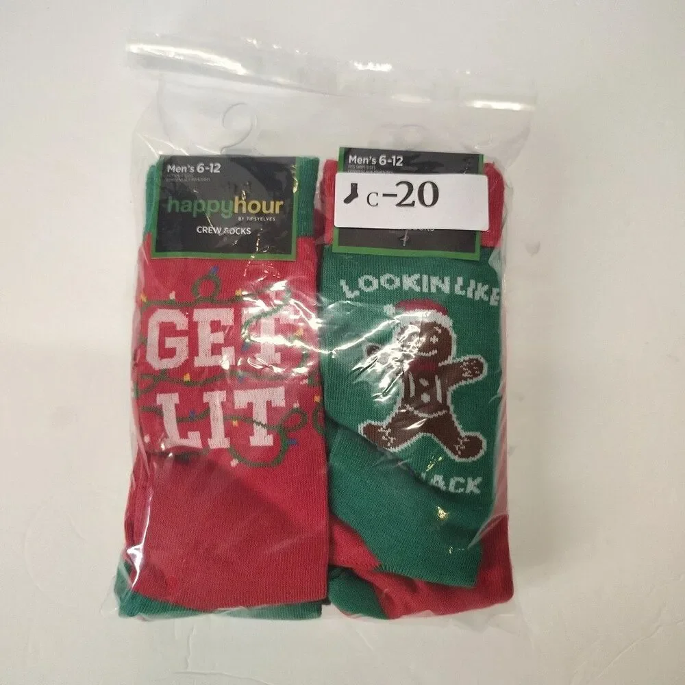 Happy Hour Mens Sz 6-12 6 Pair Funny Christmas Socks Novelty Crew Socks NWT